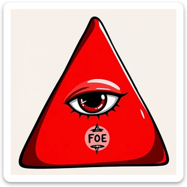 blood-red triangle with a mysterious glowing eye, FOE symbol, hand-drawn black doodle style sticker