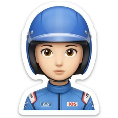 A light-skinned person with short dark hair, wearing a blue racing helmet and an oval face with a neutral look. sticker