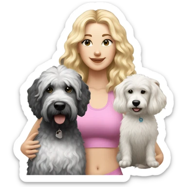 white woman with long blonde hair and cat shaped eyes wearing a yoga outfit standing alongside a black and white colored bernadoodle dog sticker