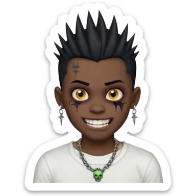 zombie boy with spiky emo black hair and white shirt , tattos, a risk on the eyebrow, earings,  a necklace emoji, with grills in his mouth and he’s smiling, change skin color to darkskin sticker