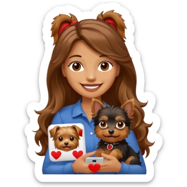 smiling woman with long brown wavy hair holding a Yorkshire Terrier, next to an iPhone and a red sale sticker, emoji style sticker