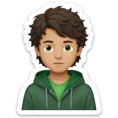a 14 year old slightly tanned teenage boy with dark brown tousled wavy hair, wearing a green tshirt, with a dark green hoodie overcoat sticker