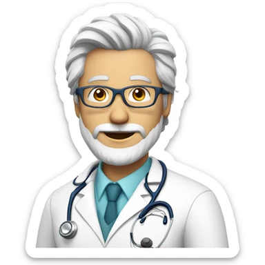 doctor with glasses, gray hair and beard with white coat and stethoscope sticker