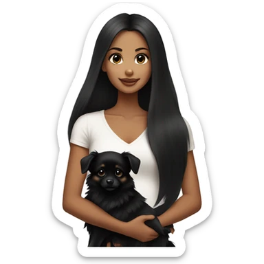 a beautiful girl with tan skin and black straight long hair holding an all black puppy pomeranian sticker