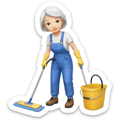 old women, Custodian with yellow rubber gloves, white T-shirt, blue overalls, mopping floor sticker