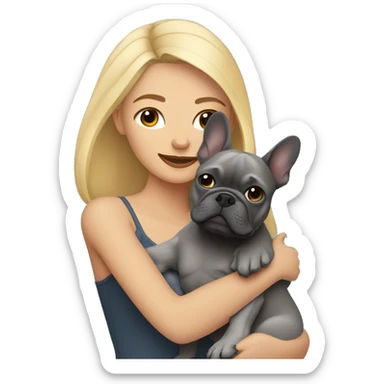 blonde woman with medium skin hugging dark gray french bulldog sticker