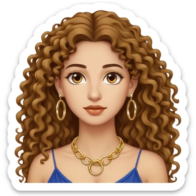 attractive Greek woman with long curly hair and light skin wearing gold hoop earrings and a gold necklace sticker
