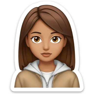 Una chica con pelo castaño y lacio ,ojos marrones y un re estilo sticker