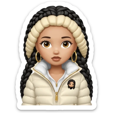 generate a pretty bratz girl with a WHITE puffer jacket, hoops, long braided hair black sticker