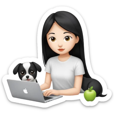 Asian girl with long black hair , wearing a white t-shirt, working on an Apple laptop, next to her is a small black and white dog sticker