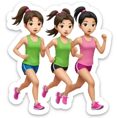 two asian girls ponytail. one with green tank top and pink tank top running sticker
