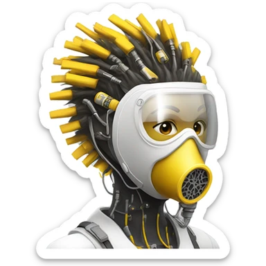 Dark yellow Mohawk female cyborg head with white respirator mask and circuits sticker