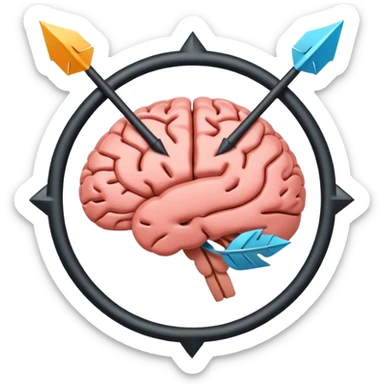 Minimalistic flat vector icon, iOS style, thin black contour on white background. Human brain with two arrows in a circle around it, symbolizing thought change. No text, no shadows. sticker
