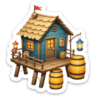 
fisherman house on a wooden pier, small dock, fishing nets hanging, barrels, lantern, ocean vibe, 3D cartoon, cute mobile game icon, clean background, no text
 sticker
