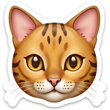 Cinematic Cute Bengal Cat Portrait Emoji, Playful and charming, sleek spotted brown and gold tones, Simplified yet adorable features, highly detailed, glowing with a warm, friendly glow, high shine, curious and affectionate, stylized with a touch of whimsy, head tilted in a playful and inquisitive manner, soft glowing outline, capturing the essence of a mischievous yet loving kitten, so endearing it feels like it could pounce out of the screen and play! sticker