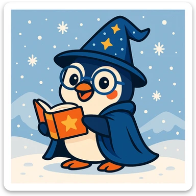 Add a snowy background behind the playful penguin wizard, keeping the fun and friendly style. sticker