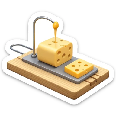 A 3D emoji in iOS emoji aesthetic style of a small mousetrap on a wooden base with a tiny gray mouse approaching a small piece of yellow cheese on it, minimal white background, bright lighting, clean and glossy Apple-style design sticker