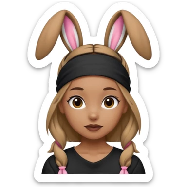 "A tan-skinned person with a high brown ponytail wearing a headband with black bunny ears. The character is dressed in a stylish black outfit. The emoji style should be cute, expressive, and modern — simple but detailed enough to show the ponytail, bunny ears, and outfit clearly." sticker