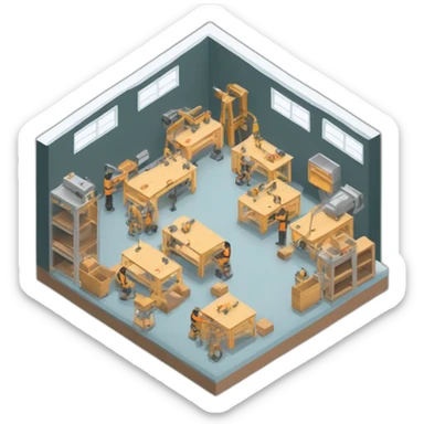 isometric square solid outline border containing indoor creative workshop factory woodworking metalworking people actively working cnc machine tools simple clean industrial makerspace sticker