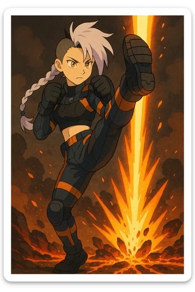 maiden, mohawk, long braid white hair with lavender and tips long messy bangs one side, gold yellow eyes, black crop top, with both fighting gloves up in defensive ready pose, delivering a lightning quick vertical upwards front kick with volcanic force, full defensive padding, TCTF operative, orange and dark dark blue + gray attire sticker