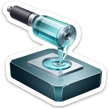 Glassworking icon, piece of glass being cut or polished, glass cutter, grinder, smooth shiny surface, sparks or glass shards, minimalistic style, clean lines, transparent background. sticker