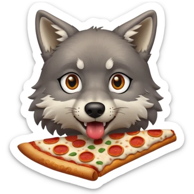 a surprised grey wolf eating a piece of pizza emoji sticker