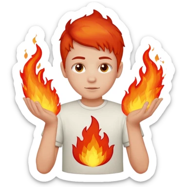 A boy with no hands fire instead made out of red fire and the boy is wearing a shirt that says FIRE C sticker