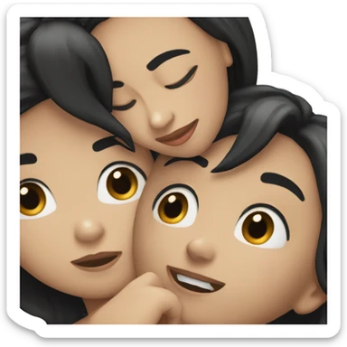 A lesbian couple with white skin and long black hair hugging intimately with their eyes closed sticker