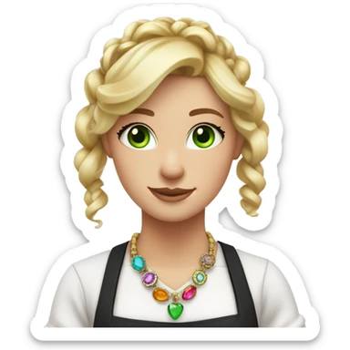 Waitress with white shirt and black apron, curly blonde hair in a pony tail, green eyes, lots of colorful boho jewelry  sticker