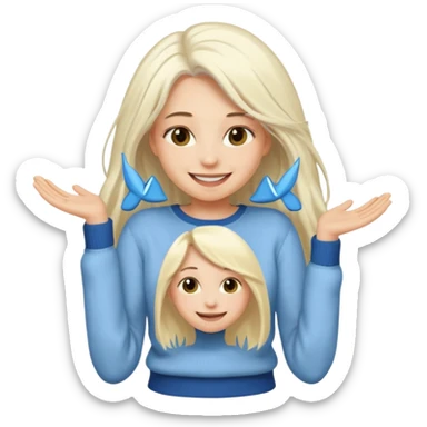 blonde woman with long white hair, smiling, taking off a sweater, simple features, emoji style sticker