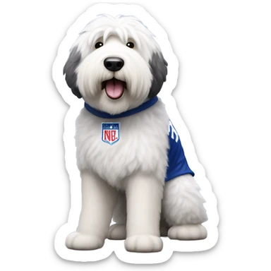 Old English Sheepdog full height wearing a dodgers jersey sticker