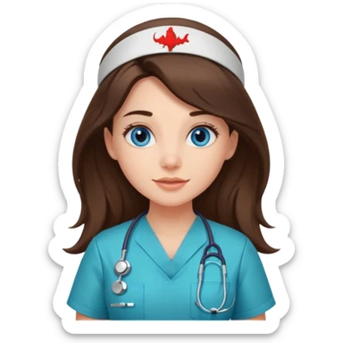 pretty brunette nurse with long hair and blue eyes in dinosaur scrubs sticker