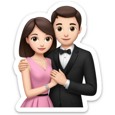 Brunette girl, with an engagement ring on her finger hugging a handsome man, (her boyfriend) both of them happy, she’s wearing a pink dress, he is wearing a black suit, he’s also a rich businessman, and there is the 💜 purple heart emoji on top. They look in love with each other.  sticker