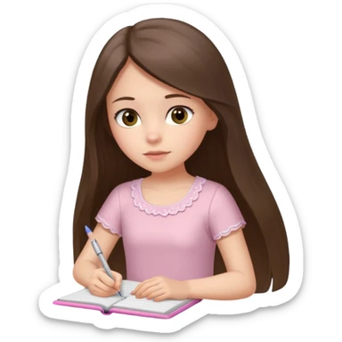 white brunette girl long hair with hazel eyes in a light pink dress writing in a notebook sticker