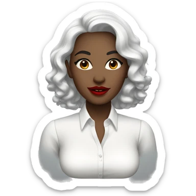 White skin woman wearing a white blouse with black shoulder length wavy hair with brown eyes wearing bright red lipstick on her lips sticker