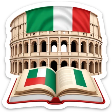 An icon featuring the Colosseum and the flag of Italy, symbolizing the Italian language. The design includes an open book with Italian phrases, representing language learning and cultural heritage. Transparent background sticker