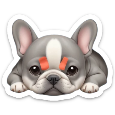 Gray French bulldog puppy sleeping on a pale blue realistic cozy blanket sticker