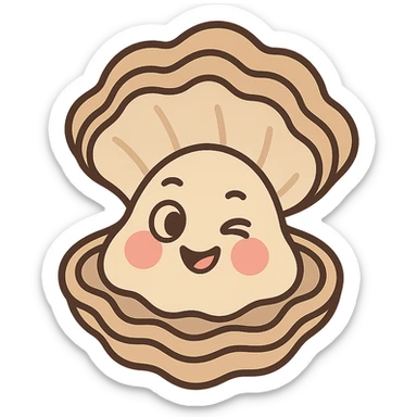 cute oyster with winking expression and rosy cheeks, pastel toon style, cream and greige colors sticker