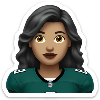 White female long dark hair red lips wearing Philadelphia Eagles jersey sticker