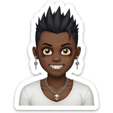zombie boy with spiky emo black hair and white shirt , tattos, a risk on the eyebrow, earings,  a necklace emoji, with grills in his mouth and he’s smiling, change skin color to darkskin sticker