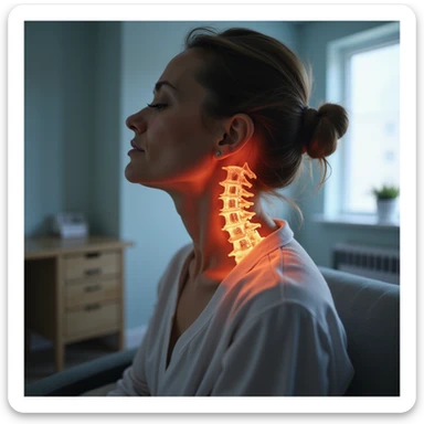 realistic anatomical seated woman with contracted cervical muscles, evident pain, medical environment sticker