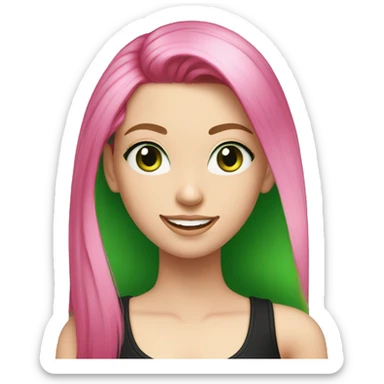 a girl with green eyes and long hot pink hair wearing a black tank top, pale skin, grin, slicked back hairstyle sticker