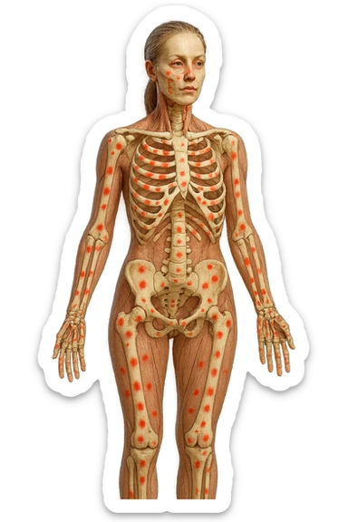 corpo umano anatomico di una donna affetta da fibromialgia, red spot sparsi sulle sue ossa, iperrealistica 4k sticker