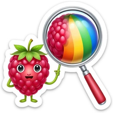 a raspberry holds a rainbow colored magnifier with its budding from handle of magnifier sticker