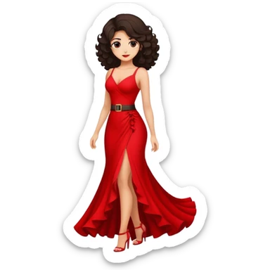 Una chica cuerpo completo con cintura pelo rizado perfecto largo morena con vestido rojo largo sticker