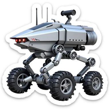 unstoppable accurate 8-wheel armored canine sporty self-balancing army massive mech trail vehicle shooting forward side-hill leaning actively robotically articulating hydraulic independent suspended pod gimbal enemy mech off-road racing rover with large fast engine RC basher crawler megatron  sticker