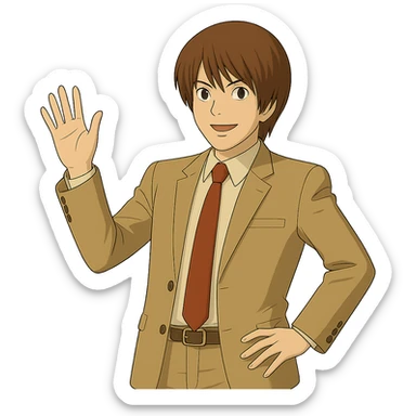 Create an exact Light Yagami in Ghibli style, standing with one hand waving, wearing the same suit, with the same confident expression, on a transparent background. sticker