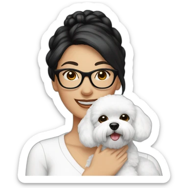 woman-black-hair-bun-with glasses-with bichon dog-white-smile-Christmas sticker