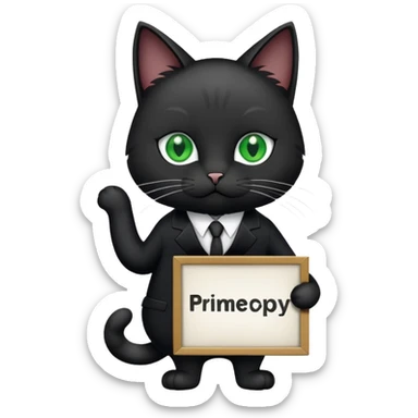 Cat in a black suit holding a sign with the inscription "PrimeCopy" sticker