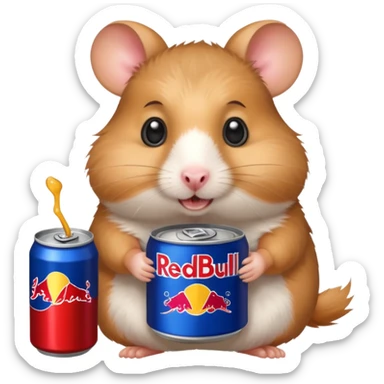 Funny hamster wide eyed with a can of redbull sticker